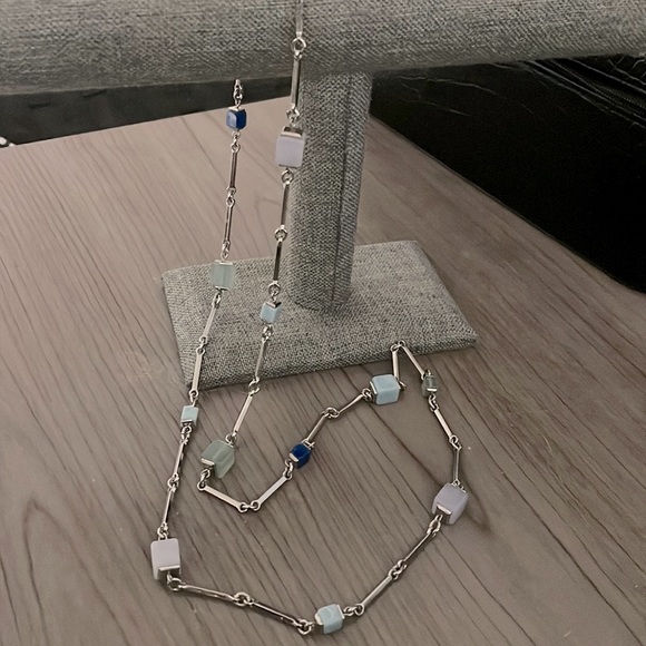 Station Necklace Silver Tone w/Square Stones 32” - Picture 2 of 4